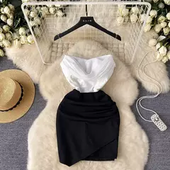 Vestido plissado Bicolor com Alcinha de Corrente e Zíper lateral Emily - loja online