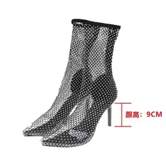 Botas de malha com Cristal de Salto, Bota de Malha Preta Sexy com Cristais.