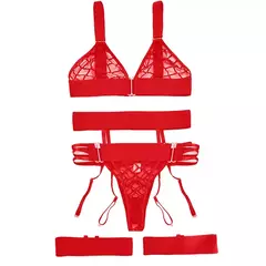 Conjunto de Lingerie com formato Quadrados em Renda, Conjunto Erótica, Roupa Sexy para Noite, Baby Doll, Lingerie Sensual com 3 peças