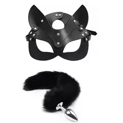 Kit Fetiche Máscara de Gato e Plug com Cauda de Pelúcia Preta