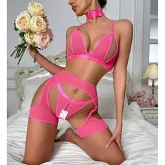 Conjunto de Lingerie transparente virilha aberta Elise - Clube das Coisas - Tudo para Você ficar mais Linda e Sexy