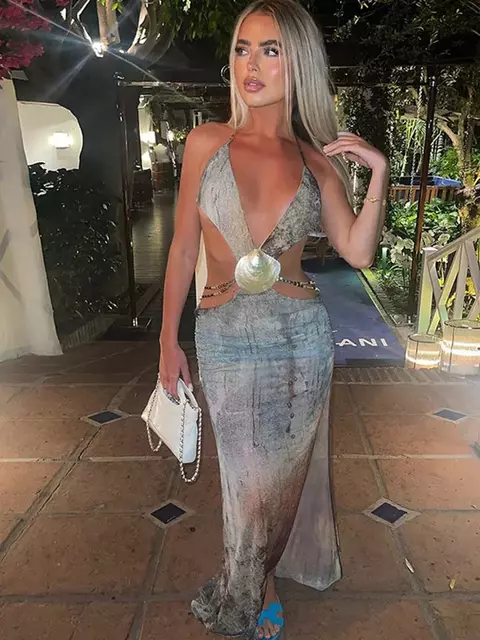 Vestido Emma Elegante Longo com Decote em V e Transparência