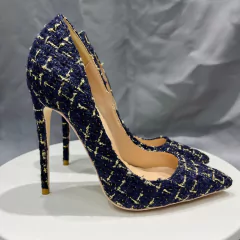 Sapato com tecido azul, Sapato de salto alto, Sapatos elegante com tecido azul