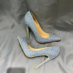 Sapato com tecido azul, Sapato de salto alto, Sapatos elegante com tecido azul