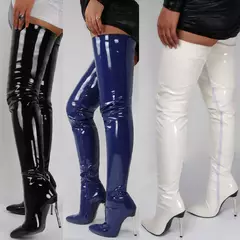Bota Scarlett de couro brilhante acima do o joelho botas salto alto fino.