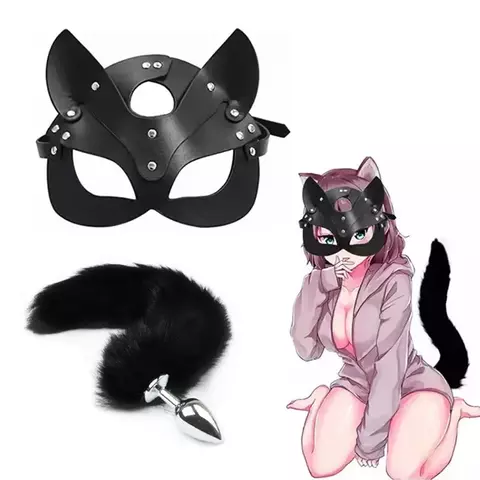 Kit Fetiche Máscara de Gato e Plug com Cauda de Pelúcia Preta - comprar online