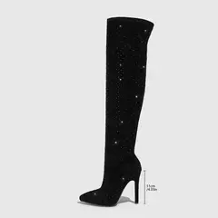 Imagem do Bota Feminina de Tecido com Strass Cano Longo e Salto Alto Sophia