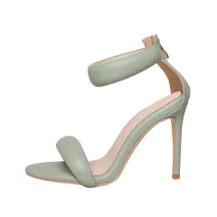 Sandália de couro metalizada de salto alto, Sandália com salto ponta de agulha Cleo.