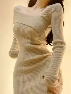 Vestido Slim fit curto Midi de Manga Longa Ombro a Ombro Leona na internet