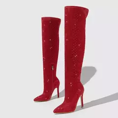 Bota Feminina de Tecido com Strass Cano Longo e Salto Alto Sophia