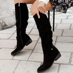 Botas altas de camurça retrô para mulheres, salto baixo, zíper lateral. - comprar online