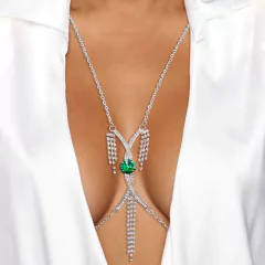 Corrente para Corpo com Pedra Verde e Strass em X, Jóias Sexy Emmy.