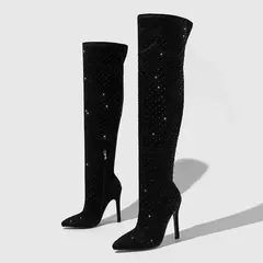 Imagem do Bota Feminina de Tecido com Strass Cano Longo e Salto Alto Sophia
