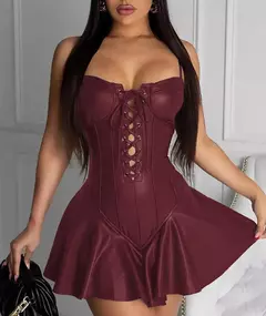 Vestido Corselet Feminino de Couro de Plutônio e Alça Espaguete, Vestido Preto na internet
