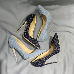 Sapato com tecido azul, Sapato de salto alto, Sapatos elegante com tecido azul - comprar online