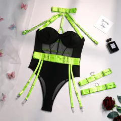 Imagem do Lingerie Sexy com Transparência, Bodysuit Erótico Cinta Liga.