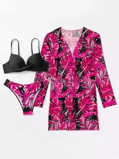 Imagem do Conjunto de Biquíni com Saída de Praia Floral Sexy, Biquíni com 3 pecas elegantes