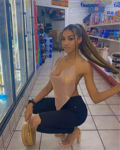 Top Cropped Celebridades com Bico V Brilhante, Blusa Sexy. na internet