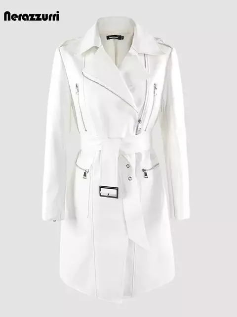 Jaqueta de Couro Branco Longa Feminina Tipo Sobretudo Com Fecho de Cinto - comprar online
