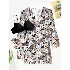 Conjunto de Biquíni com Saída de Praia Floral Sexy, Biquíni com 3 pecas elegantes