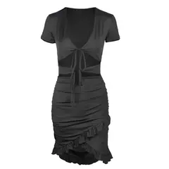 Vestido Bodycon Sexy Decotado com Babado na Saia Vika.