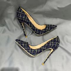 Sapato com tecido azul, Sapato de salto alto, Sapatos elegante com tecido azul na internet