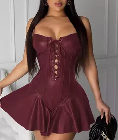 Vestido Corselet Feminino de Couro de Plutônio e Alça Espaguete, Vestido Preto - loja online