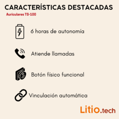 AURICULAR BLUETOOH TS-100 - Diseño Unico - LITIO TECH  │Smartwatch y auriculares