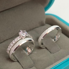 Alianças Chanfradas 3mm + Anel Cinderella | Prata 950