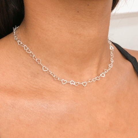 Choker de Prata Elo Corações