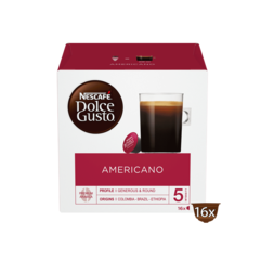 Caja de cápsulas de café NESCAFÉ Dolce Gusto Americano de 16 unidades, con un vaso de café en la parte frontal.