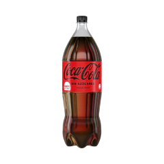 Botella de Coca Cola sin azúcares de 2,25 litros con etiqueta roja y tapa negra