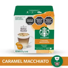 Caja de cápsulas de café Starbucks Caramel Macchiato, con una taza de café y el logotipo de Starbucks.