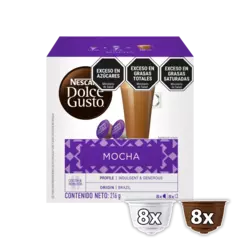 Caja de cápsulas de café Nescafé Dolce Gusto Mocha, con información sobre el contenido y advertencias de salud.