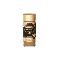 Bote de café NESCAFÉ Gold Blend Espresso de 100 gramos, con una taza de espresso al lado.