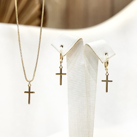 Conjunto cruz Colar + Brinco - Banhado a Ouro 18k