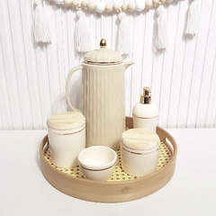 Kit Bege Creme com Filete Dourado - Bandeja Palhinha