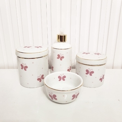 Conjunto 4 pçs Borboleta Rosa com Filete Ouro - Porcelana