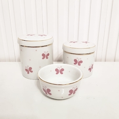 Trio Borboleta Rosa com Filete Ouro - Porcelana