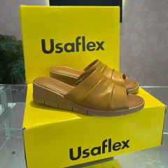 Usaflex Tamanco Plataforma Couro Canela Franzido - AA1008 Liso Tan