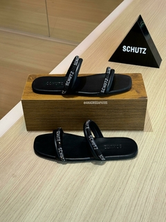 Schutz Flat Preta Strass Logomania Rasteira