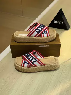 Schutz Sandália Flatform Plataforma Palha/Azul/Vermelho
