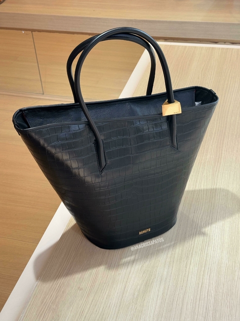 Schutz Bolsa Shopping Preto Couro Croco Verniz