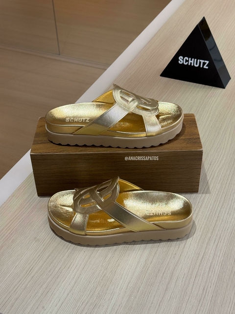 Schutz Birken Couro Dourado Papete Logo SS