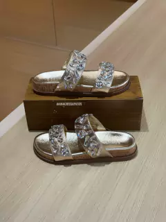 Schutz Birken Couro Dourado Pedraria Papete Cortiça
