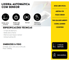 LIXEIRA INTELIGENTE AUTOMATICA C/ SENSOR DE APROXIMACAO - 14 LITROS PILHA AA - BRANCO na internet