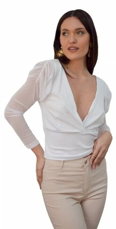 Blusa Remera Mangas Largas Tul Escote V Mujer (465)