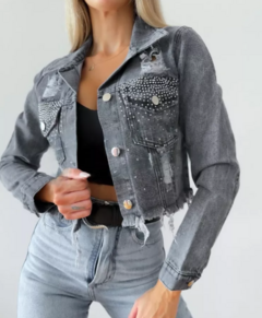Campera Jean Mujer Strass Deflecada Corta Tendencia (608) - tienda online