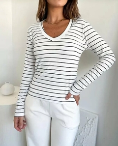 Camiseta Rayada Mangas Largas Escote V Algodon Mujer Premium (613) - comprar online