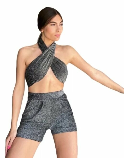 Short Lurex Brilloso Elastizado Mujer Sastrero Tiro Alto (515) thumbnail 2